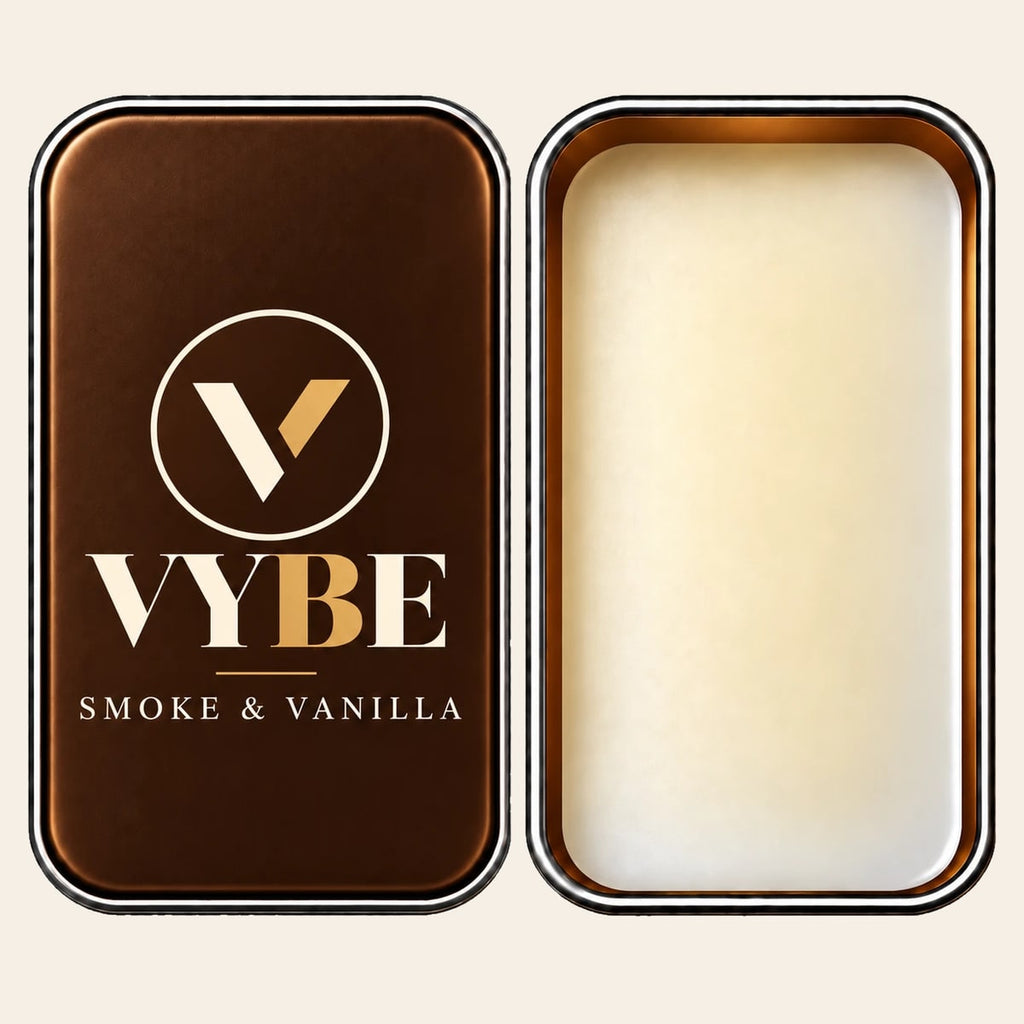 VYBE No. 03 Smoke & Vanilla — otwarta puszka z balsamem