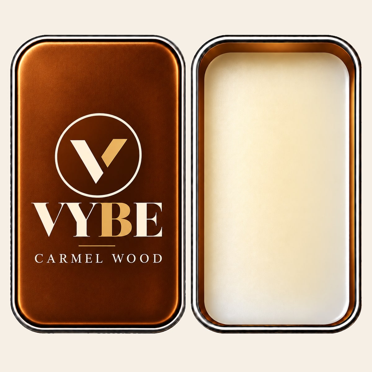 VYBE No. 04 Caramel Wood — otwarta puszka z balsamem